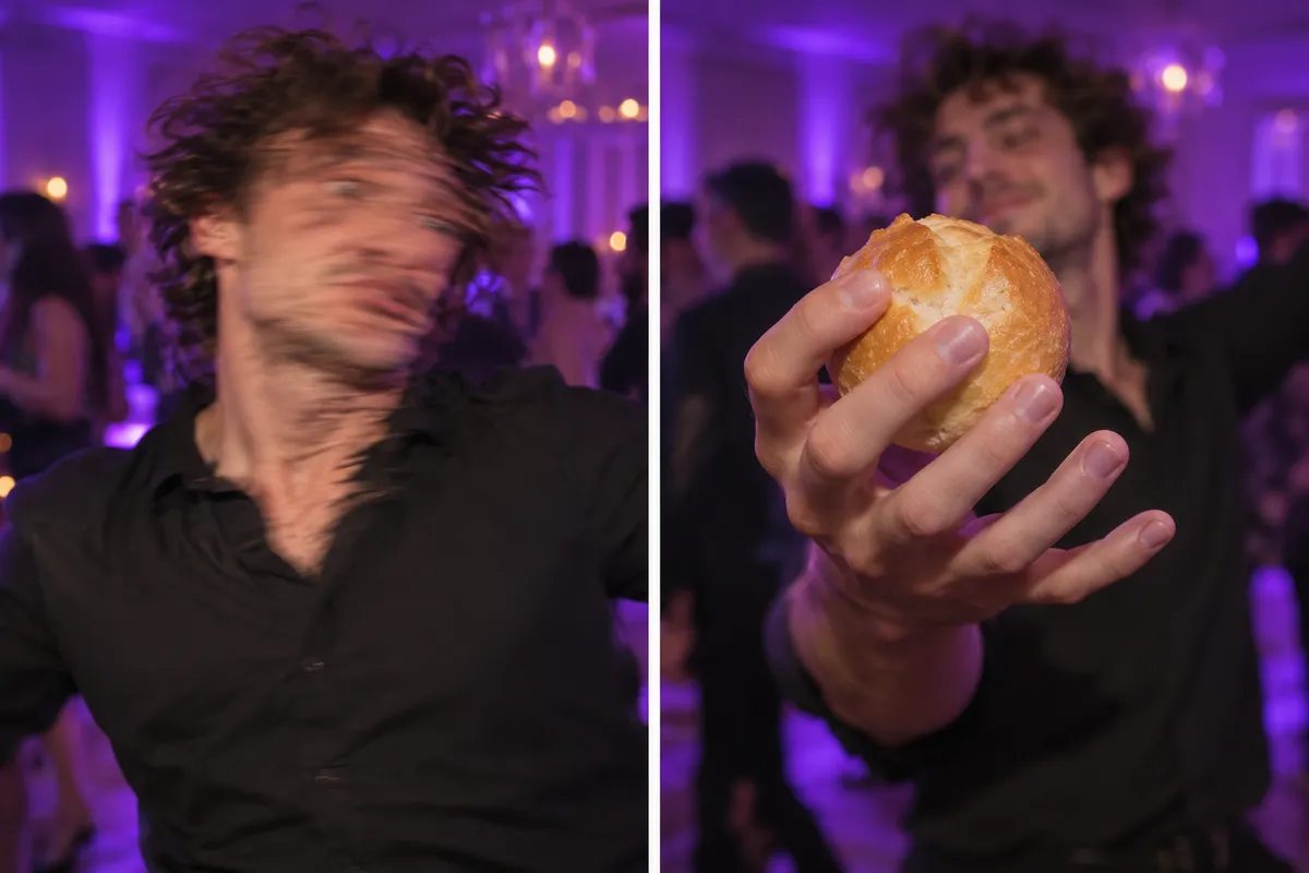 Two typical AI video glitches: a face smeared during a fast move, and a hand with an extra finger holding a sweet bread roll