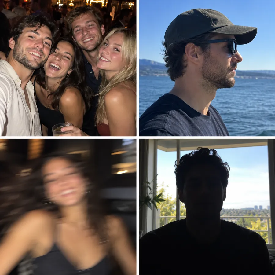 Four photos that work badly: a crowded group shot, a side profile with sunglasses and a cap, a motion-blurred photo, and a dark backlit face