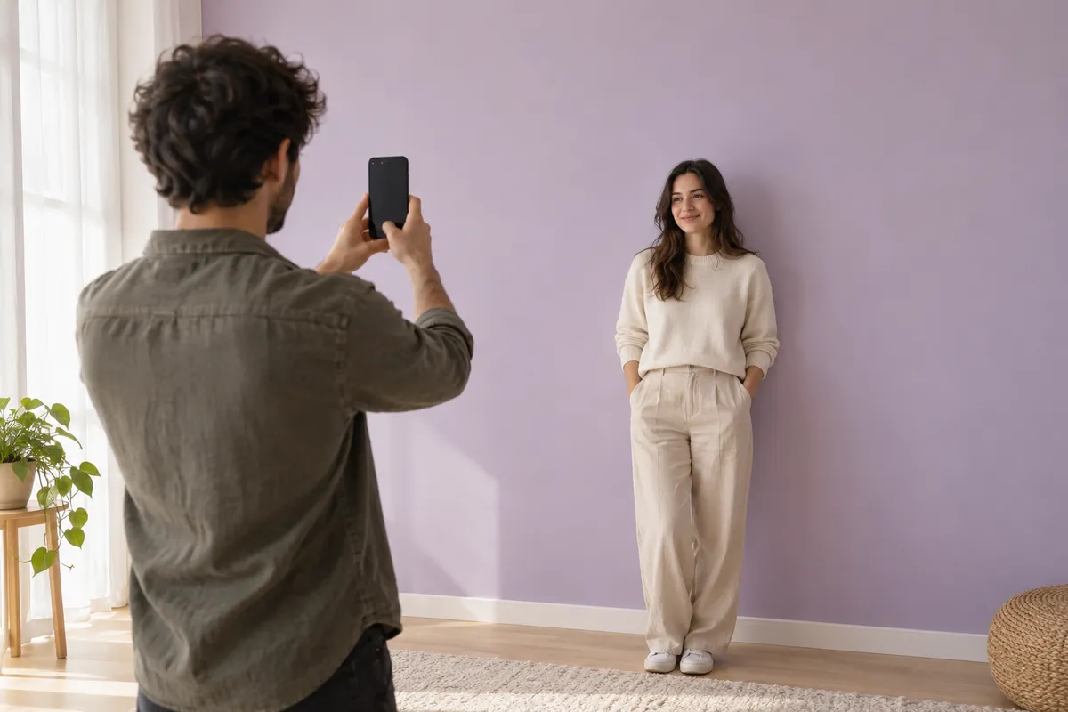 A friend takes a front-facing, full-length photo of a person standing against a plain wall in soft window light